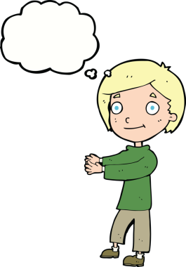 Bir insan tarafından çizilmiş düşünce balonu olan mutlu çocuk çizgi filmi.