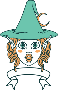 Retro Dövme Biçimi Elf karakteri yüzü bir insan tarafından çizilmiş pankartıyla