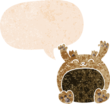 Bir insan tarafından çizilmiş grunge sıkıntılı retro biçimli konuşma balonu ile çizgi film ayısı