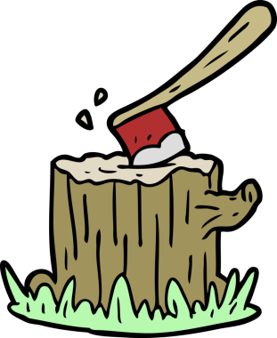 Bir insan tarafından çizilmiş ağaç kütüğüne saplanmış balta.