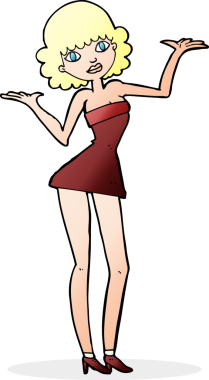 Bir insan tarafından çizilmiş kokteyl elbiseli bir kadın.