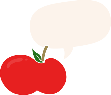 bir insan tarafından çizilmiş, konuşma baloncuklu çizgi film elması.