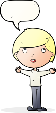 Bir insan tarafından çizilmiş konuşma balonu olan mutlu bir çocuk.