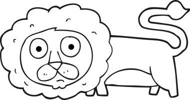 Bir insan tarafından çizilmiş siyah beyaz çizgi film aslanı.