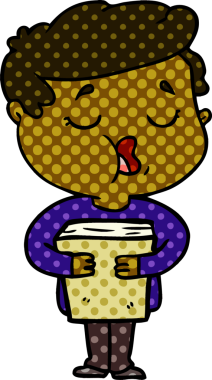 Bir insan tarafından çizilmiş kitap ve şarkı söyleyen bir çizgi film adamı.