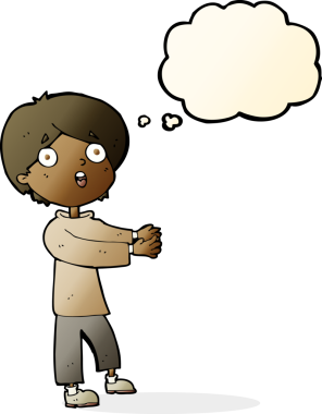 Bir insan tarafından çizilmiş düşünce balonuyla şok olmuş bir çocuk.