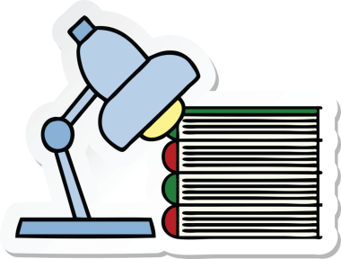 Bir insan tarafından çizilmiş şirin bir çizgi film çalışma kitabı ve lambası çıkartması.