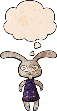 Bir insan tarafından çizilmiş grunge desenli düşünce baloncuklu şirin çizgi film tavşanı.