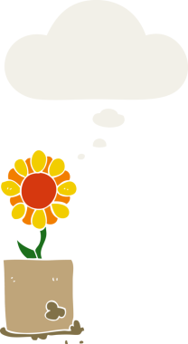 Düşünce baloncuğu olan karikatür çiçeği insan tarafından çizilmiş.