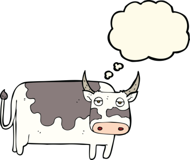 Bir insan tarafından çizilmiş düşünce balonlu çizgi film ineği.