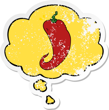 Düşünce baloncuklu kırmızı biber çizgi filmi bir insan tarafından çizilmiş yıpranmış bir çıkartma.