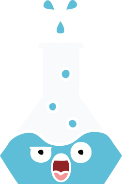 Bir insan tarafından çizilmiş bir bilim şişesinin düz renkli retro karikatürü