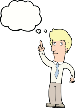 Bir insan tarafından çizilmiş düşünce baloncuğu fikri olan çizgi film dostu bir adam.