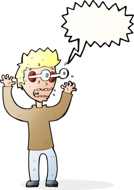 Bir insan tarafından çizilmiş, konuşma balonuyla dehşete düşmüş bir adam.