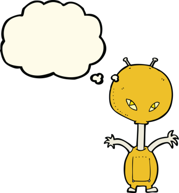 Bir insan tarafından çizilmiş düşünce baloncuğu olan bir uzaylı çizgi filmi.