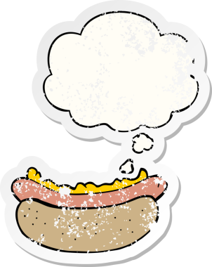 Düşünce balonlu çizgi film sosislisi insan tarafından çizilmiş yıpranmış bir çıkartma.