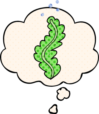 Çizgi roman tarzında bir insan tarafından çizilmiş düşünce baloncuğu olan karton deniz yosunu.