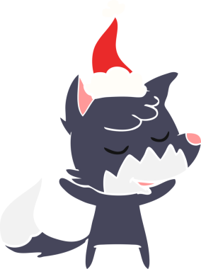 Bir insan tarafından çizilmiş Noel Baba şapkası giymiş bir tilkinin düz renk çizimi.