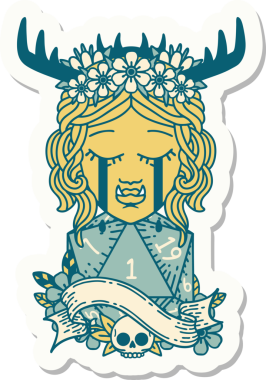 Ağlayan bir Ork Druid karakterinin çıkartması. Doğal bir D20 rulo insan tarafından çizilmiş.