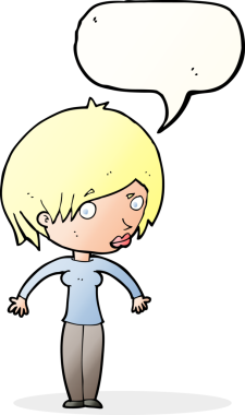 Bir insan tarafından çizilmiş bir konuşma balonuyla omuz silken karikatür kadın.