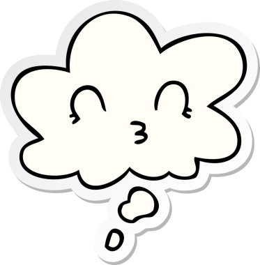 Düşünce baloncuklu mutlu çizgi film yüzü bir insan tarafından çizilmiş çıkartma gibi.