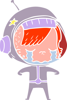 Düz renkli çizgi film ağlayan astronot kız bir insan tarafından çizilmiş.