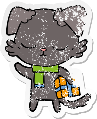 Bir insan tarafından çizilmiş noel hediyeli şirin bir köpeğin sıkıntılı çıkartması.