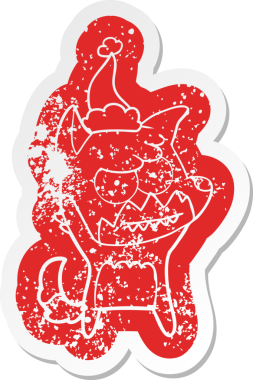 Bir insan tarafından çizilmiş Noel Baba şapkası giymiş sırıtan tilki çıkartması.