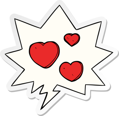 Bir insan tarafından çizilmiş konuşma balonu çıkartmalı karikatür aşk kalpleri.