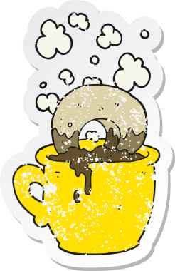 Bir insan tarafından çizilmiş kahveye batırılmış karikatür çöreğinin gerilimli yapıştırması.