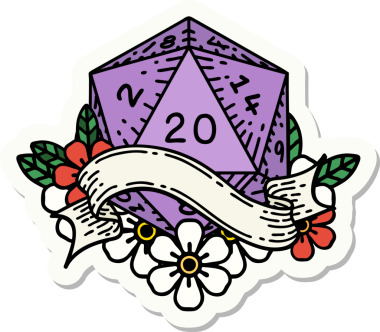 Bir insan tarafından çizilmiş 20 D20 zarının çıkartması.