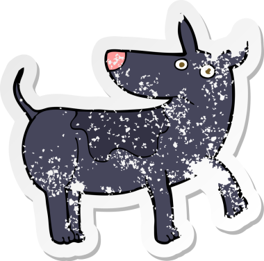 Bir insan tarafından çizilmiş komik bir karikatür köpeğinin gerilmiş çıkartması.