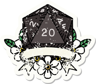 Bir insan tarafından çekilen 20 kritik vuruşluk D20 zar atımının grunge çıkartması.