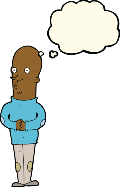 Bir insan tarafından çizilmiş düşünce balonlu komik kel adam.