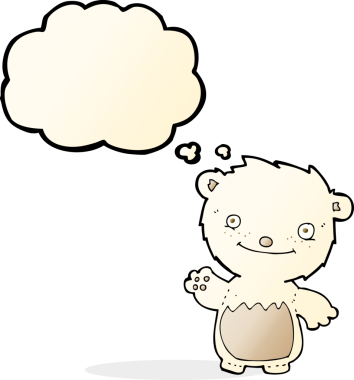 Bir insan tarafından çizilmiş düşünce baloncuğu ile kutup ayısı yavrusu sallayan çizgi film