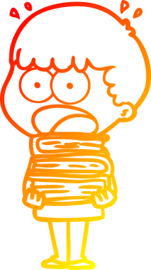 Sıcak bir çizgi film çizimi. Bir insan tarafından çizilmiş kitap yığınıyla şoka uğramış bir çocuk.