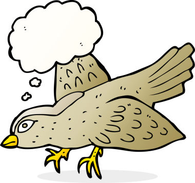 Bir insan tarafından çizilmiş düşünce baloncuklu çizgi film kuşu.