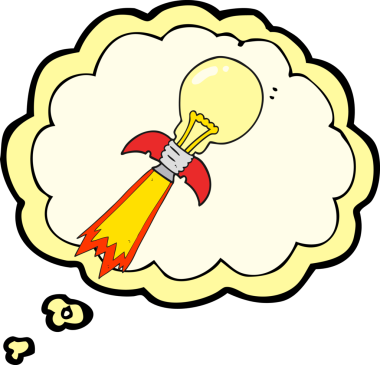 Serbest çizim düşünce balonu çizgi film ampulü roket gemisi bir insan tarafından çizildi.