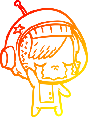 Sıcak bir çizgi film çizimi. Ağlayan astronot kız bir insan tarafından çekilen el sallıyor.