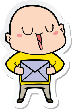 Bir insan tarafından çizilmiş paketli mutlu, kel bir adamın çıkartması.