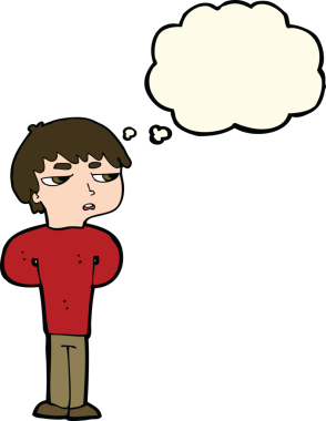 Bir insan tarafından çizilmiş düşünce balonu olan antisosyal çocuk çizgi filmi.