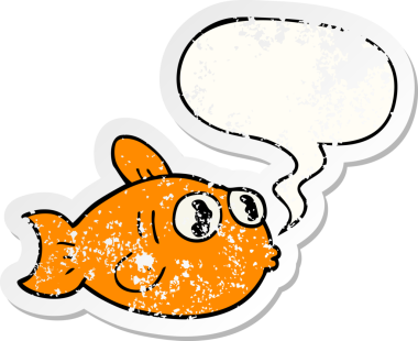 Konuşma baloncuğu olan çizgi film balıkları bir insan tarafından çizilmiş sıkıntılı eski bir çıkartma