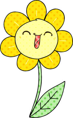 Bir insan tarafından çizilmiş komik çizgi roman tarzı mutlu bir çiçek.