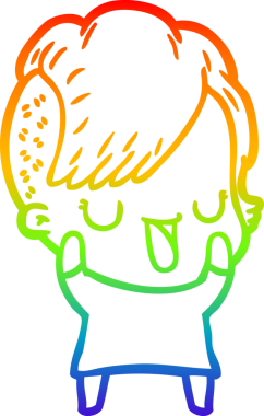 Gökkuşağı gradyan çizimi. Hipster saç kesimi bir insan tarafından çizilmiş şirin bir çizgi film kızı.