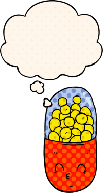 Bir insan tarafından çizilmiş çizgi roman şeklinde düşünce baloncuklu çizgi film hapı.