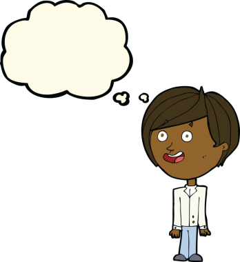 Mutlu çizgi film, bir insan tarafından çizilmiş düşünce balonuyla şaşırmış çocuk.