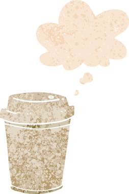 Düşünce baloncuklu çizgi film kahve fincanı bir insan tarafından çizilmiş dertli retro desenli.