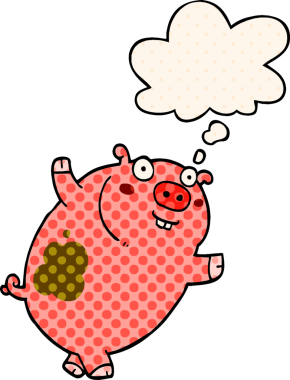 Bir insan tarafından çizilmiş çizgi roman tarzı düşünce baloncuğu olan komik bir domuz.