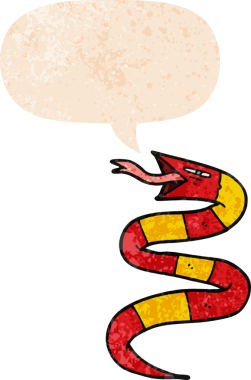 Bir insan tarafından çizilmiş grunge dertli retro tarzı konuşma baloncuğu ile çizgi film yılanı