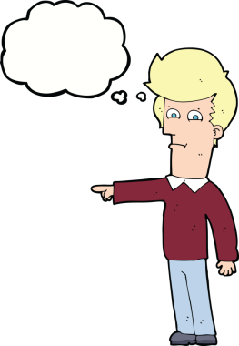 Bir insan tarafından çizilen düşünce baloncuğuyla işaret eden çizgi film adamı.